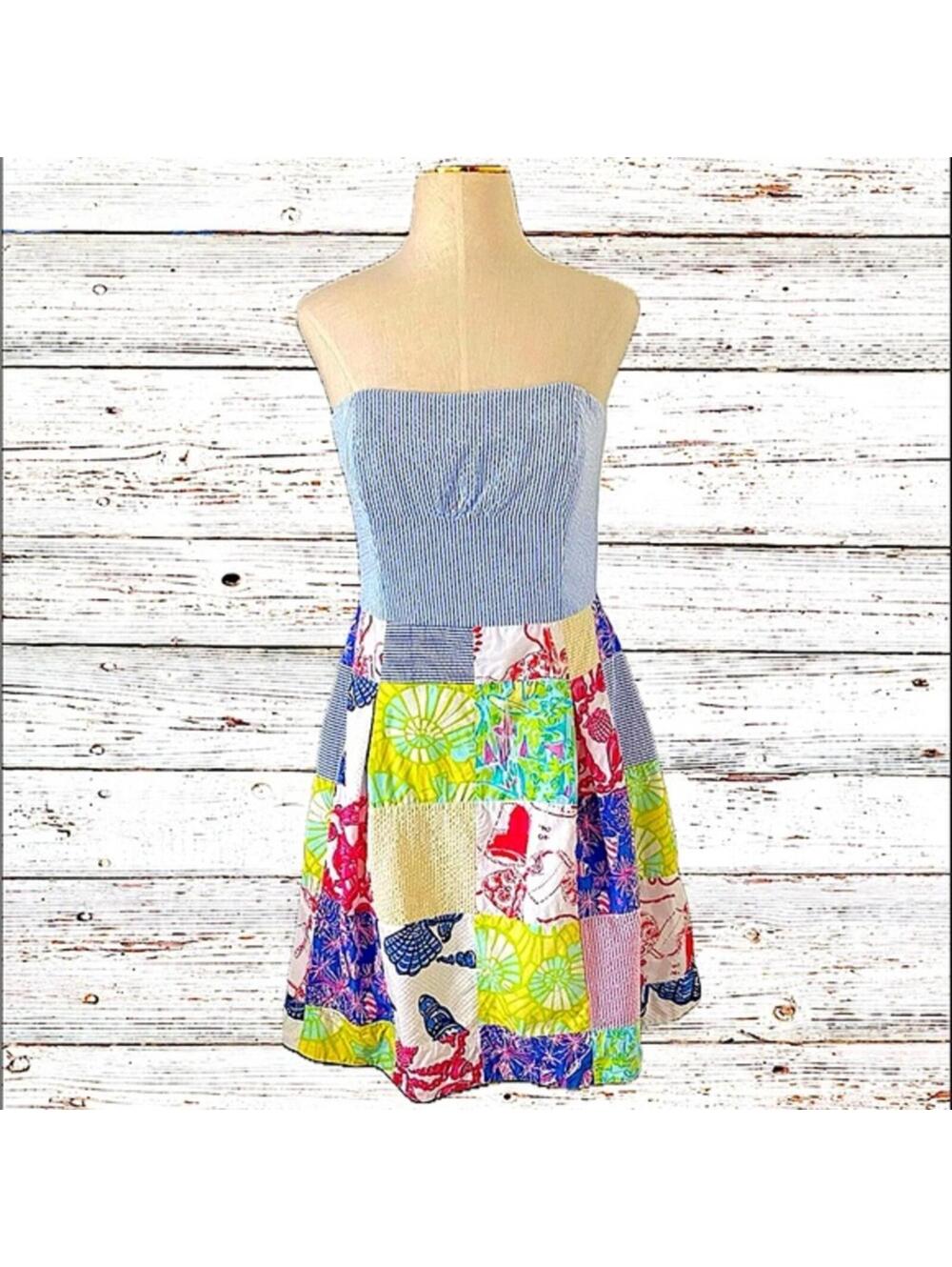 Lilly Pulitzer Strapless Patchwork Seersucker Knee Length Sundress Dress Size 2